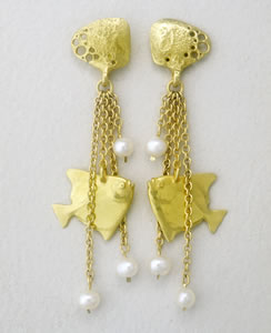 Commissioned for Julia, Mono fish and pearl drop earrings